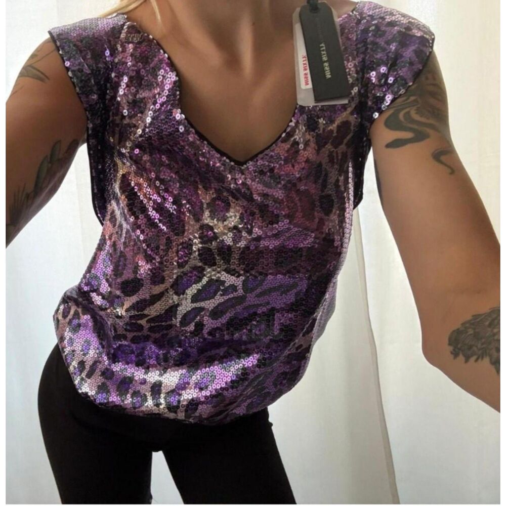 Vintage MISS SIXTY Purple Sequin Leopard Print V-Neck Top NWT Y2K